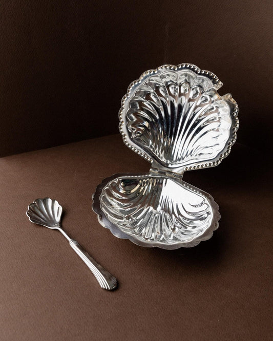 Vintage Zuckerschale Muschelform mit Löffel Italien 1960er elegante Tischdeko