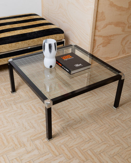 Vintage Beistelltisch kariertes Glas Italien 1980er - schwarz verchromtes Metall - Memphis-Stil