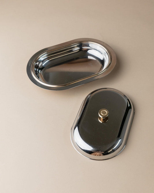 Vintage Butterdose Edelstahl mit Deckel goldene Details Italien 1970er Jahre