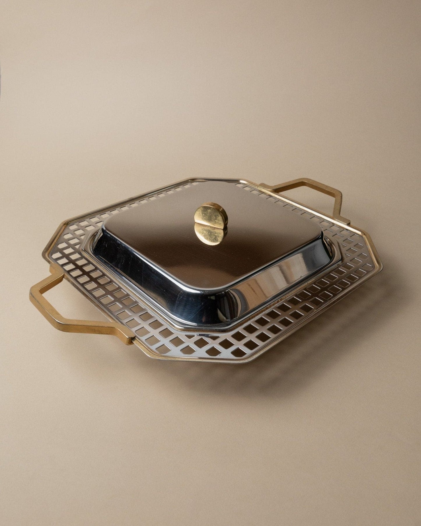 Vintage tray stainless steel by Inoxpran Orchidea gold rim design Italy 80s