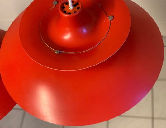 Vintage Pendelleuchte PH5 von Poul Henningsen für Louis Poulsen rot blau weiß Set von 2