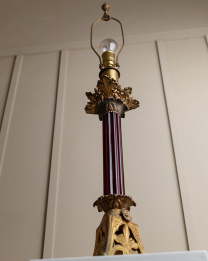 Vintage Tischlampe Messing dunkelrot Glas Empire Design USA 1910