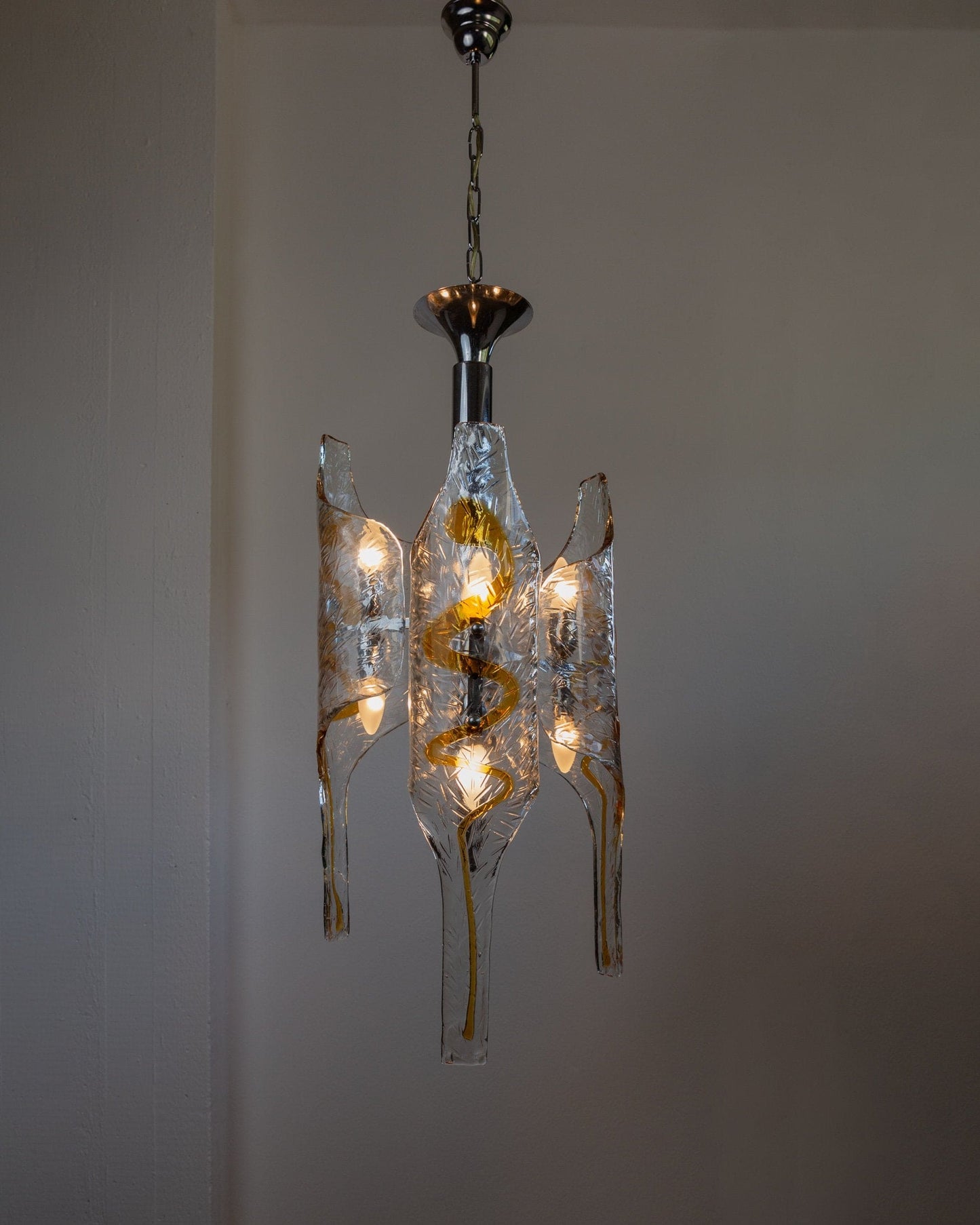 Lampe à suspension vintage en verre de Murano de Toni Zuccheri pour Mazzega transparente, ambre