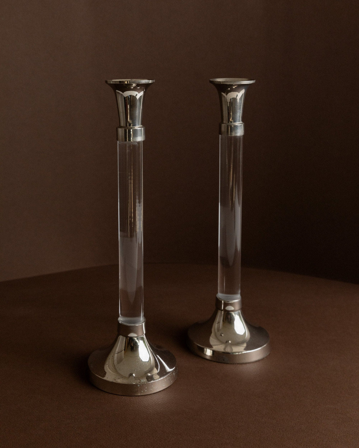 Vintage Kerzenhalter Acrylglas und verchromtes Metall klassisches Design Italien 1970er