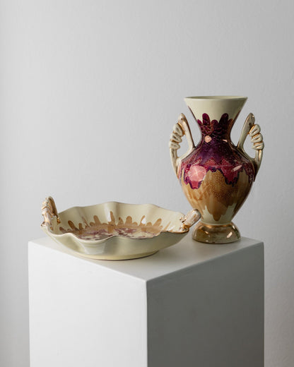 Vase et bol en céramique vintage par CAL pour CAL années 1980 peints à la main