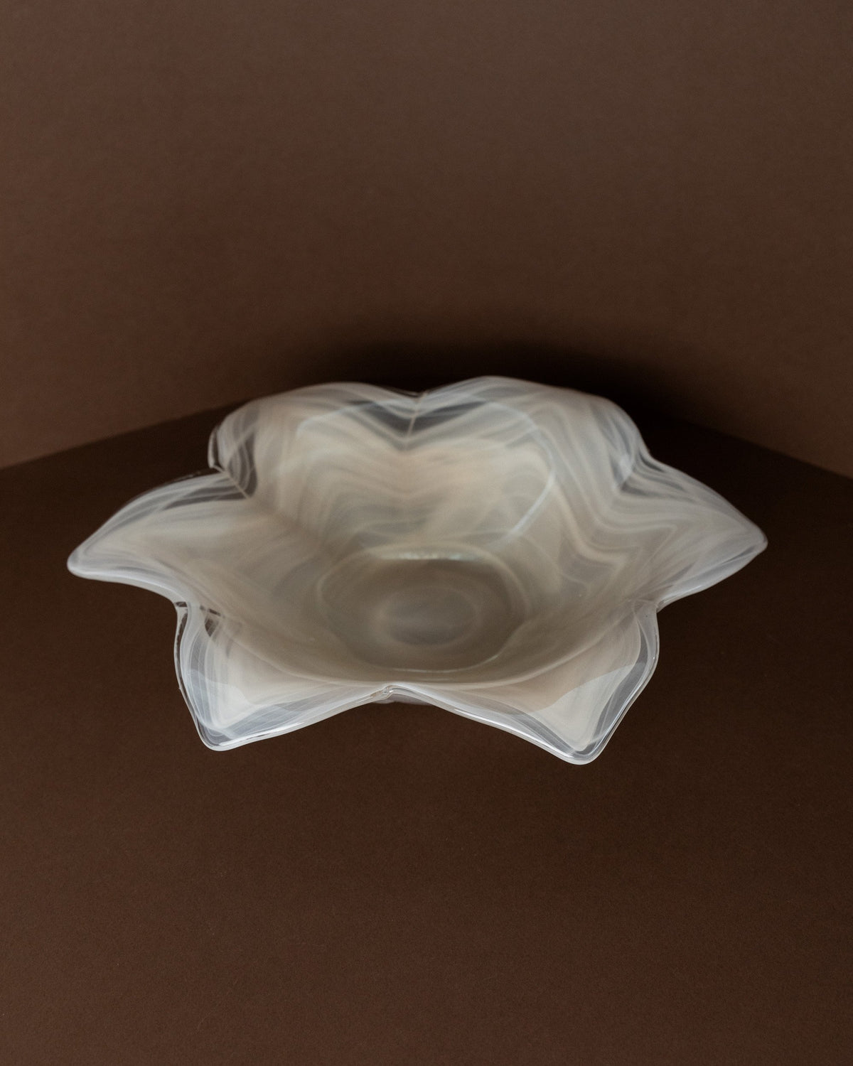 Vintage Bowl Murano Glass Flower Shape White Transparent Mid Century Italy 80s