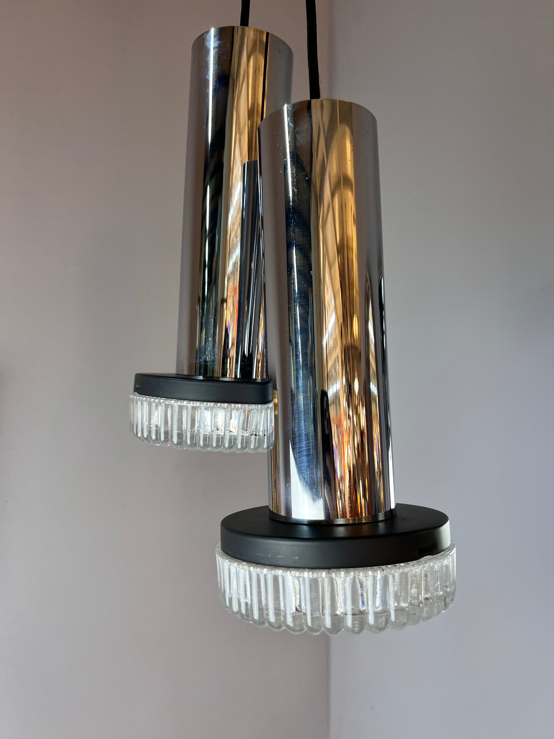 Vintage Hängelampe Chrom und Eisglas von Kaiser Leuchten