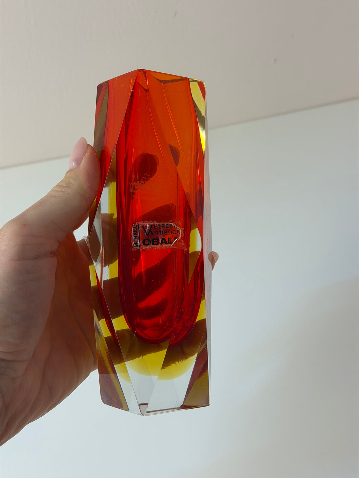 Vintage Blockvase von Vetreria Artistica Oball, Sommerso Murano-Glas rot-gelb