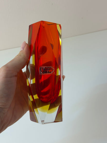 Vintage Blockvase von Vetreria Artistica Oball, Sommerso Murano-Glas rot-gelb