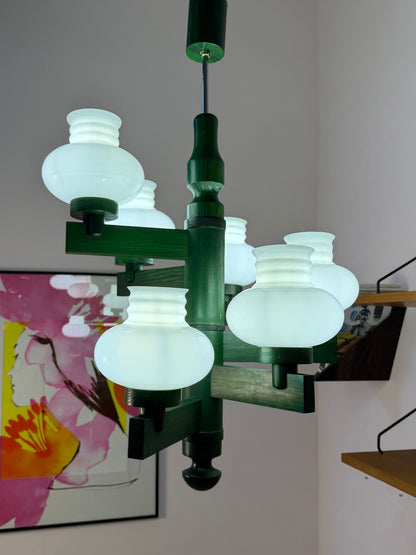 Kronleuchter aus Holz und Opalglas, 6-flammig, Grün