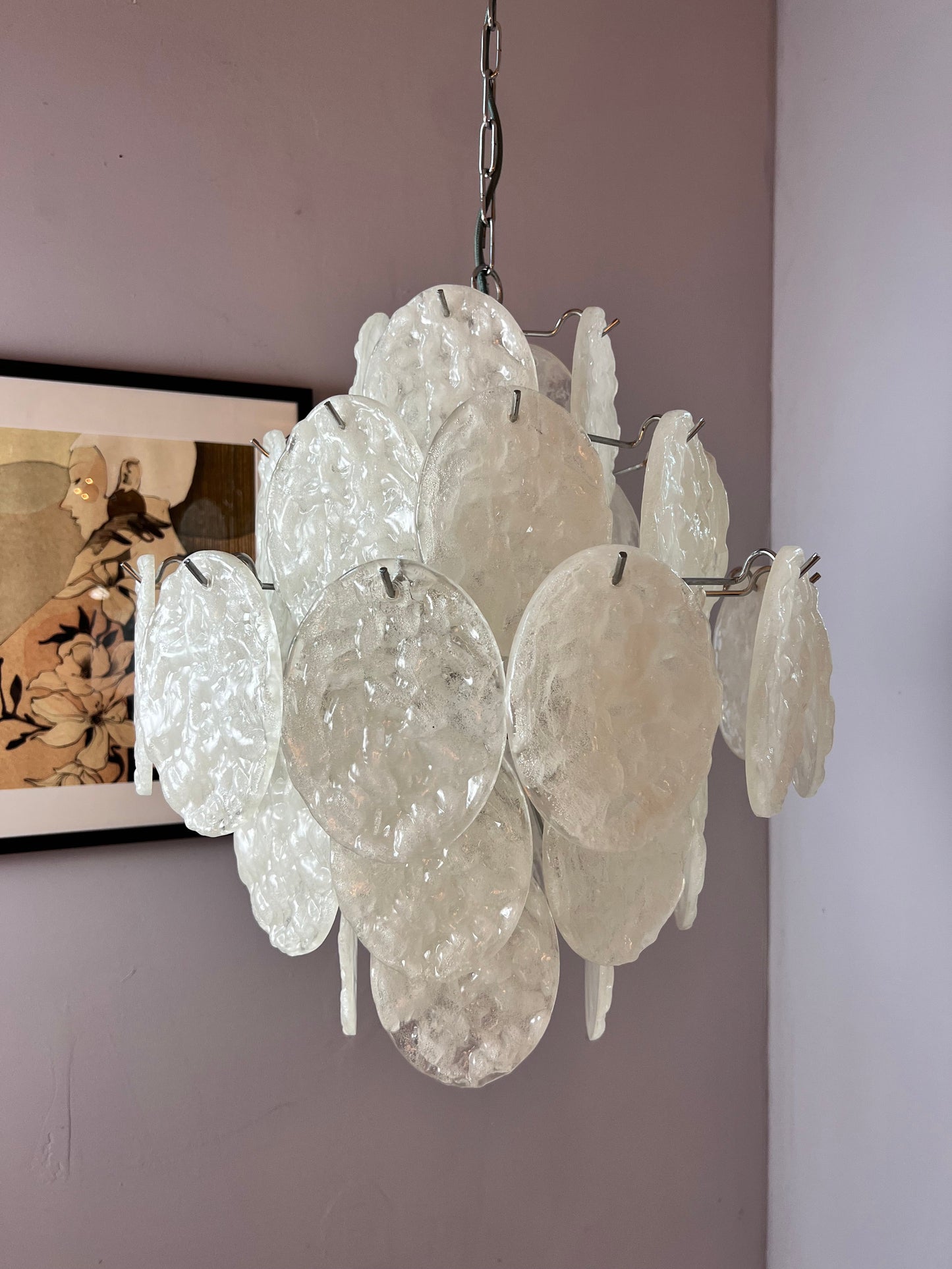 Vintage Kronleuchter weiß silber mit Acrylglasplatten von Gino Vistosi inspiriert