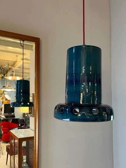 Lampe suspendue vintage en céramique bleue, poterie ouest-allemande