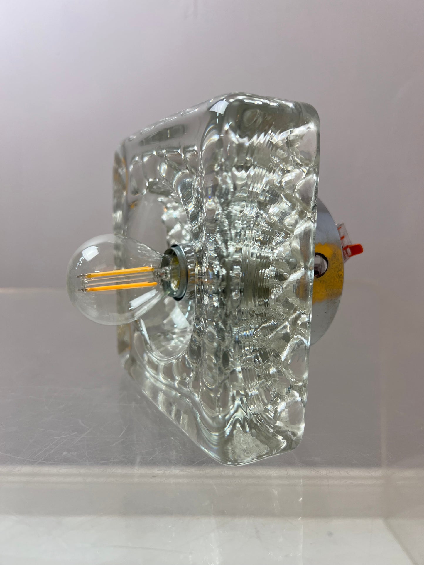 Vintage Wandleuchte Ice Cube von Kalmar Glas Chrom