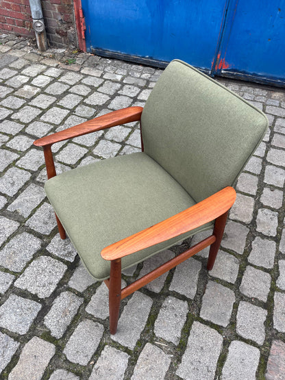 Vintage Sessel von Grete Jalk für Glostrup Møbelfabrik, neu gepolstert, grün, Teak
