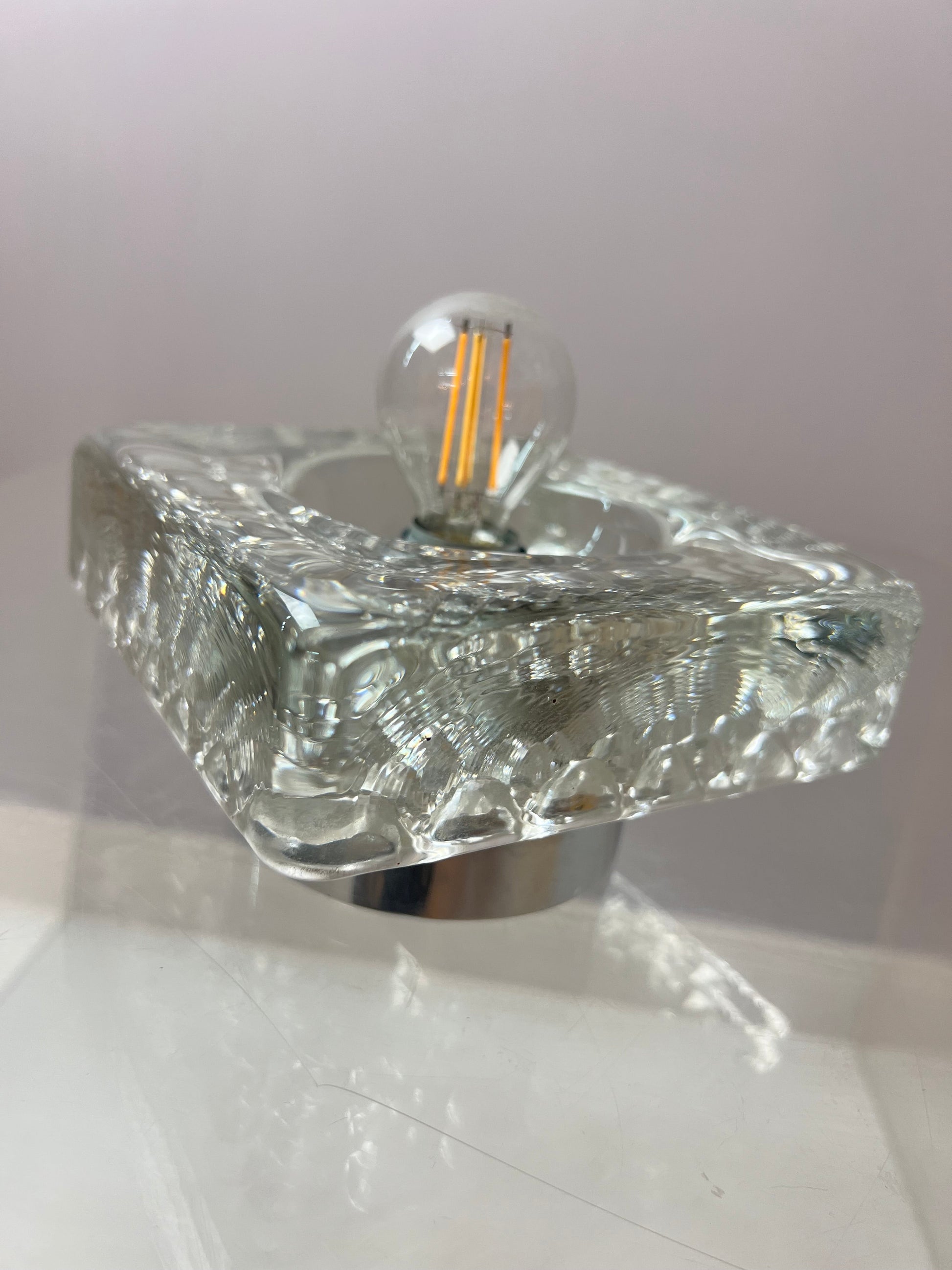 Vintage Wandleuchte Ice Cube von Kalmar Glas Chrom