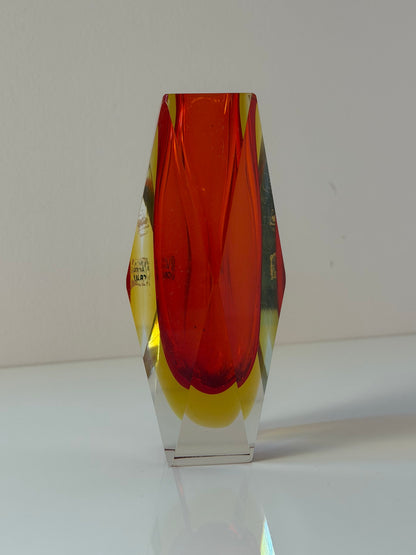 Vintage Blockvase von Vetreria Artistica Oball, Sommerso Murano-Glas rot-gelb