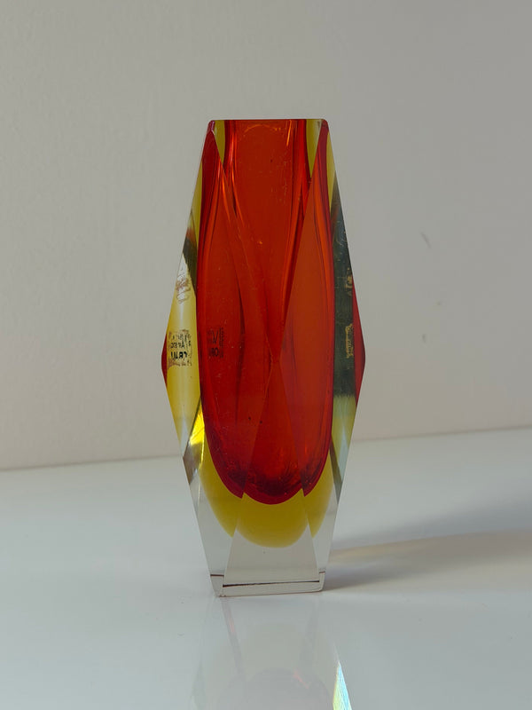 Vintage Blockvase von Vetreria Artistica Oball, Sommerso Murano-Glas rot-gelb