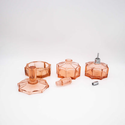 Vintage Toilettengarnitur aus Glas in Rosa, 3-teilig