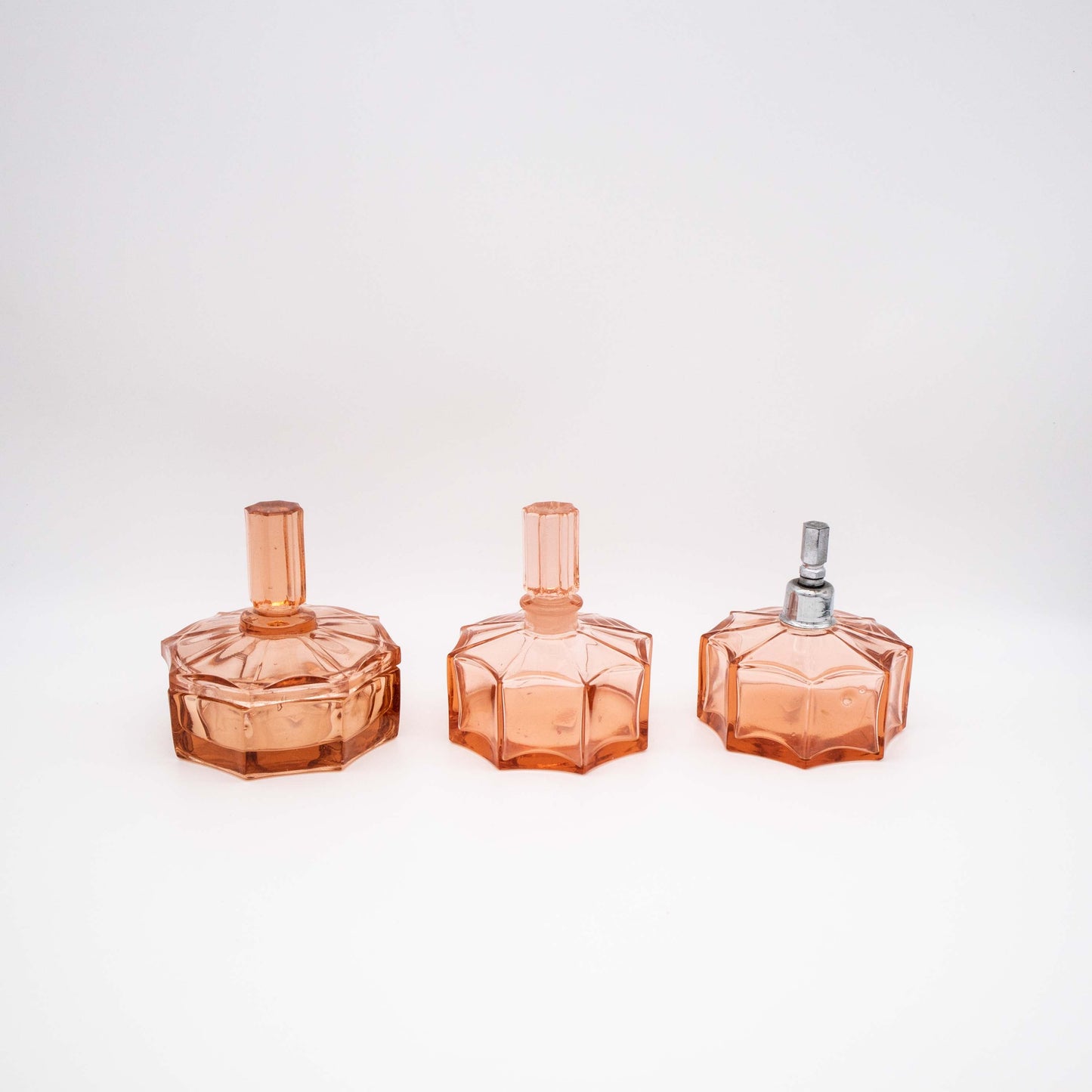 Vintage Toilettengarnitur aus Glas in Rosa, 3-teilig