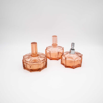 Vintage Toilettengarnitur aus Glas in Rosa, 3-teilig