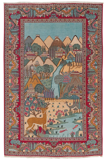 Vintage Carpet Kashan 205x135cm Colorful Nature-Inspired Motifs
