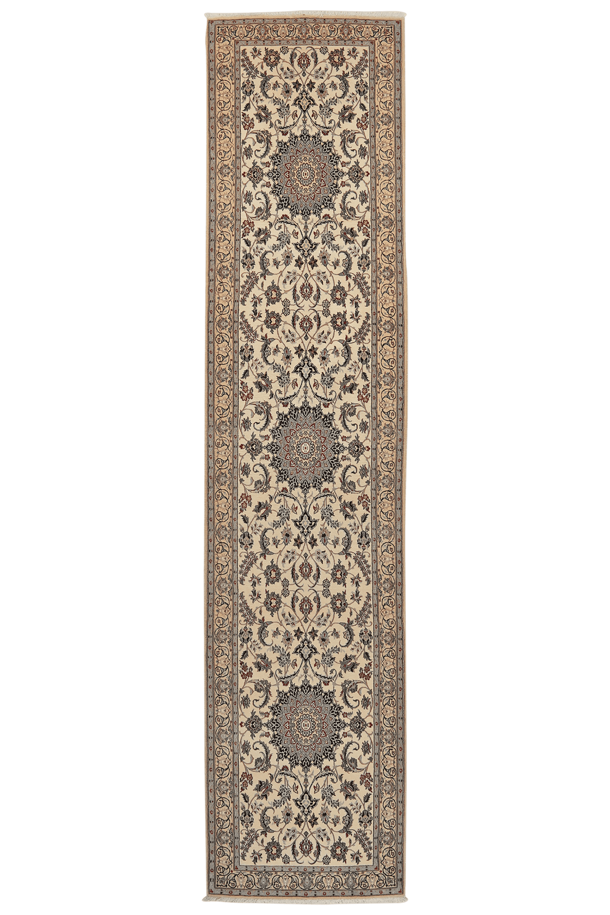 Vintage Nain Teppich Blau Beige 373x86cm Medaillon