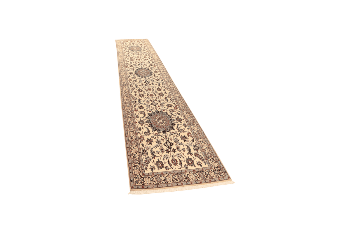 Vintage Nain Teppich Blau Beige 373x86cm Medaillon