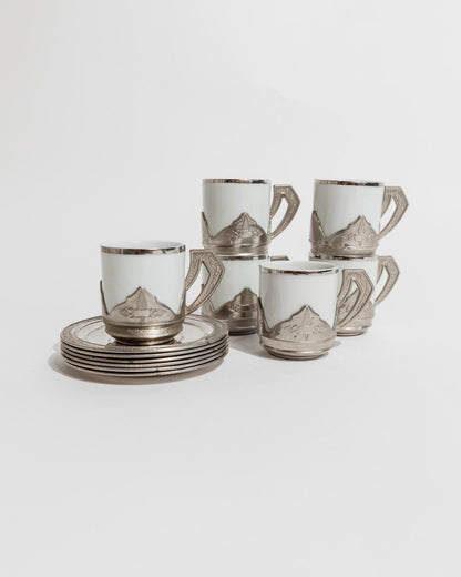 Vintage Kaffeeservice Set von 12 Tassen und Untertassen aus Porzellan mit Metallhaltern