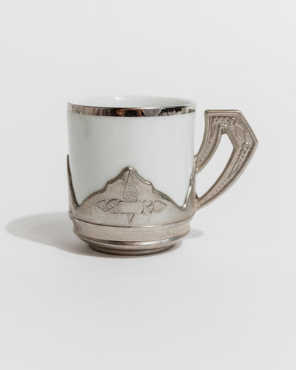 Vintage Kaffeeservice Set von 12 Tassen und Untertassen aus Porzellan mit Metallhaltern