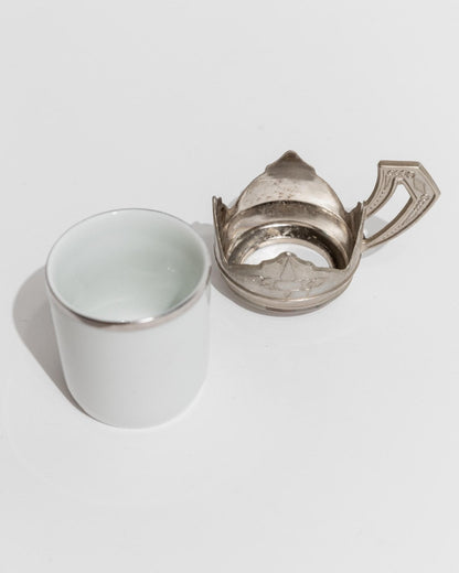 Vintage Kaffeeservice Set von 12 Tassen und Untertassen aus Porzellan mit Metallhaltern