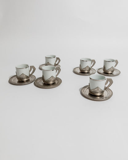 Vintage Kaffeeservice Set von 12 Tassen und Untertassen aus Porzellan mit Metallhaltern