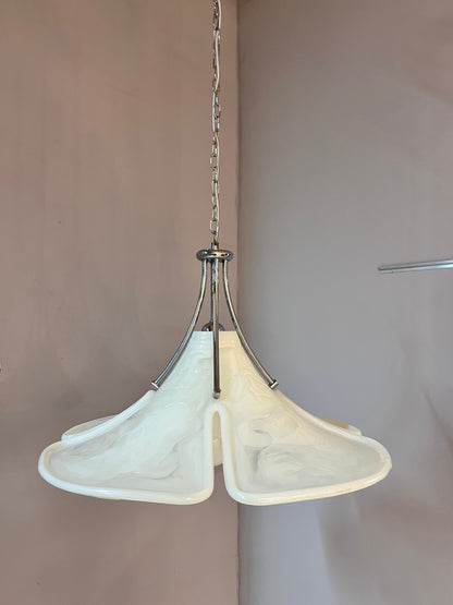 Vintage Hängelampe Blume von Gebrüder Cosack weiß Chrom handgearbeitet