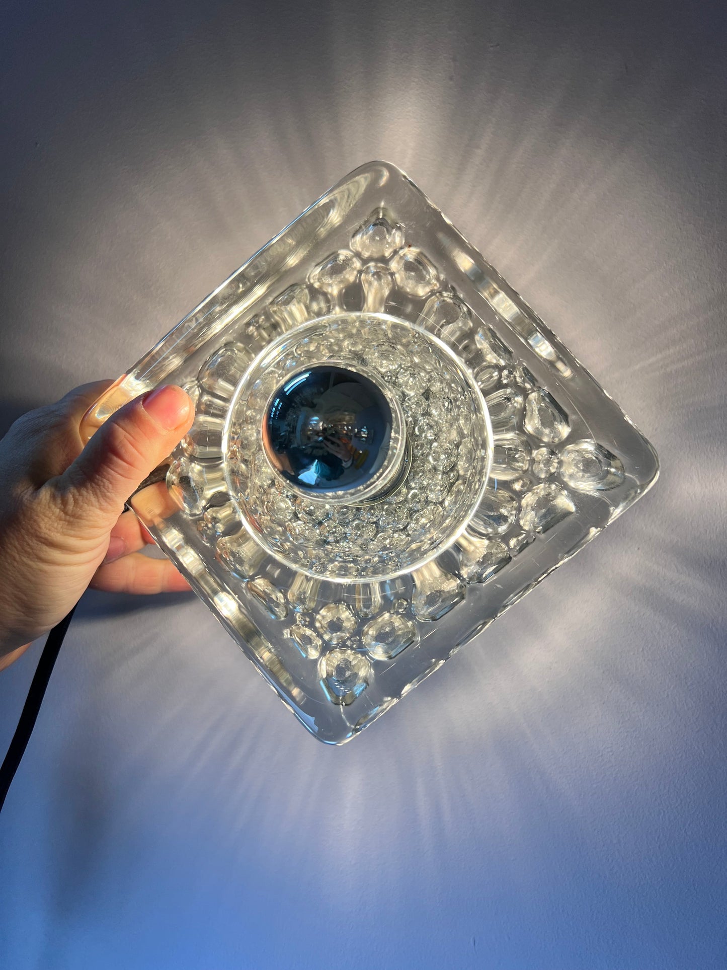 Vintage Wandleuchte Ice Cube von Kalmar Glas Chrom