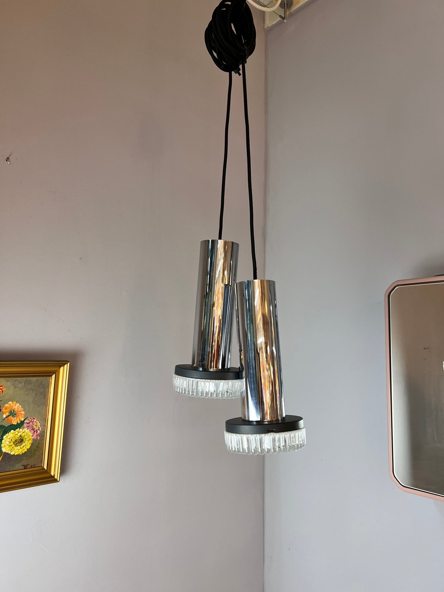 Vintage Hängelampe Chrom und Eisglas von Kaiser Leuchten