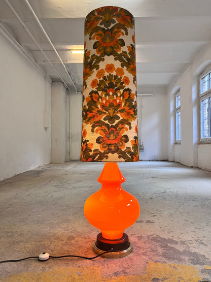 Vintage Stehlampe Flower Power orange Glasfuß beleuchtet 70er Schirm grün senfgelb