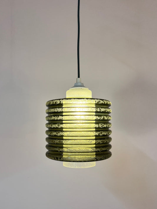 Vintage Hängelampe oliv weiß strukturiert mit zwei Glasschirmen