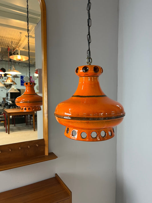 Lampe vintage en céramique orange avec chaîne d'Allemagne de l'Ouest