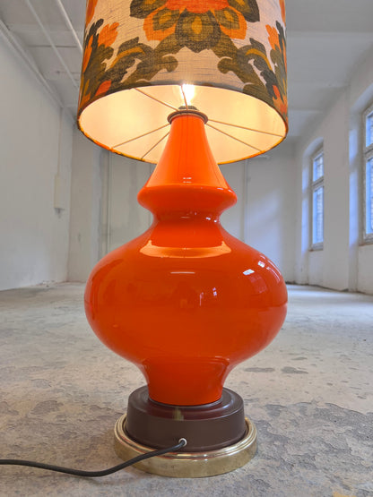Vintage Stehlampe Flower Power orange Glasfuß beleuchtet 70er Schirm grün senfgelb