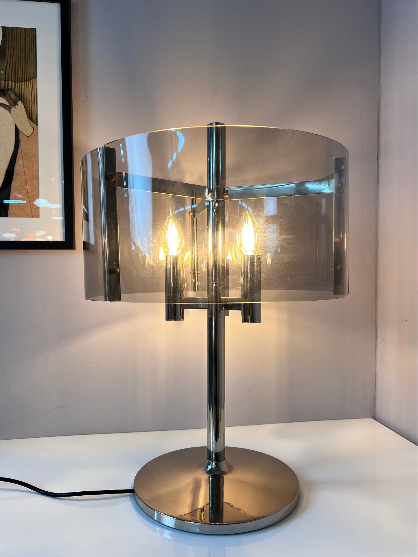 Vintage Tischlampe Chrom und Rauchacryl