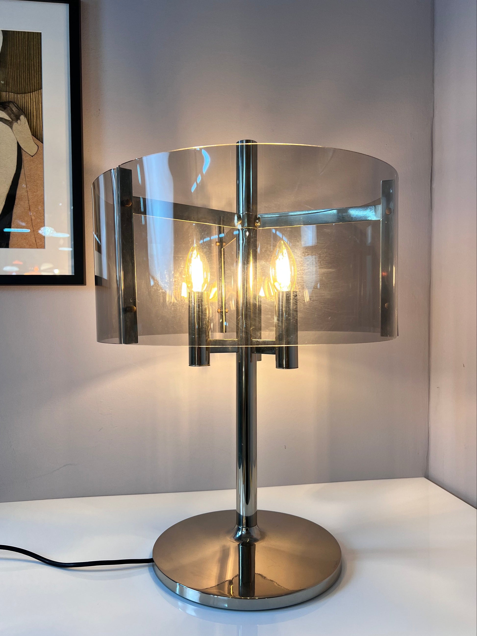 Vintage Tischlampe Chrom und Rauchacryl