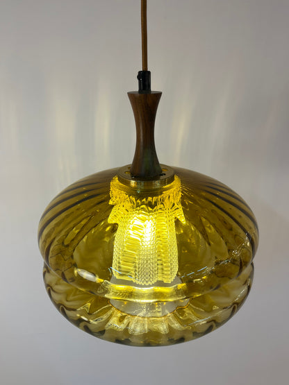 Vintage Hängelampe von Orrefors aus Glas und Teak