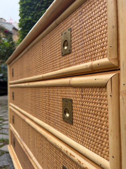 Vintage Kommode aus Rattan und Bambus von Dal Vera mit Messinggriffen