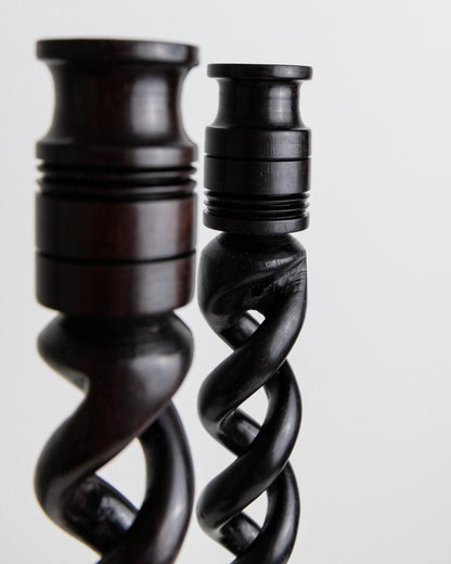 Vintage Kerzenhalter Dunkles Holz Italien 1970er Boho-Stil Set von 2