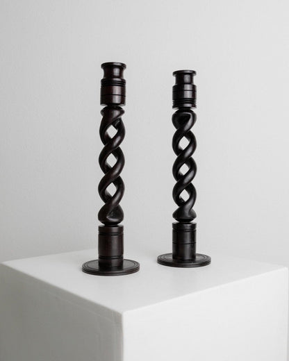 Vintage Kerzenhalter Dunkles Holz Italien 1970er Boho-Stil Set von 2