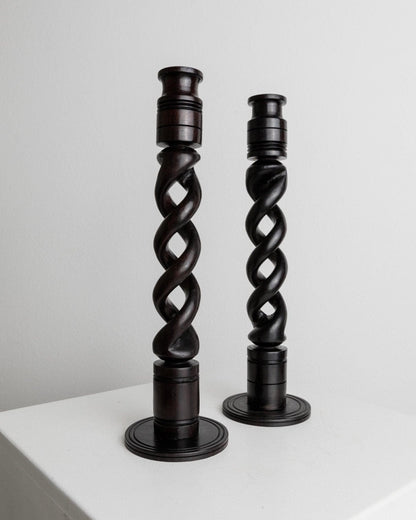 Vintage Kerzenhalter Dunkles Holz Italien 1970er Boho-Stil Set von 2