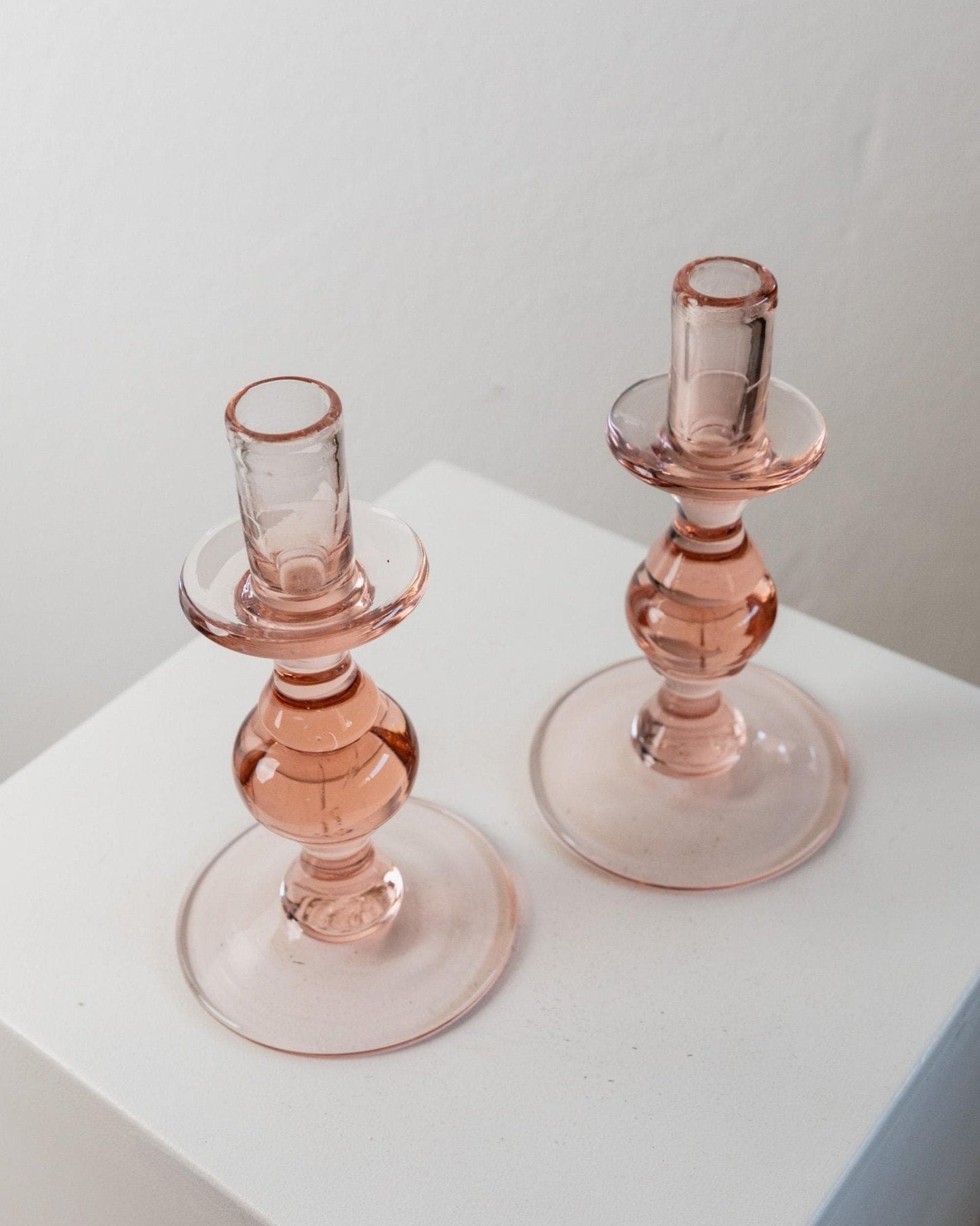 Vintage Kerzenhalter Glas Pfirsich Italien 1980er Retro Set von 2