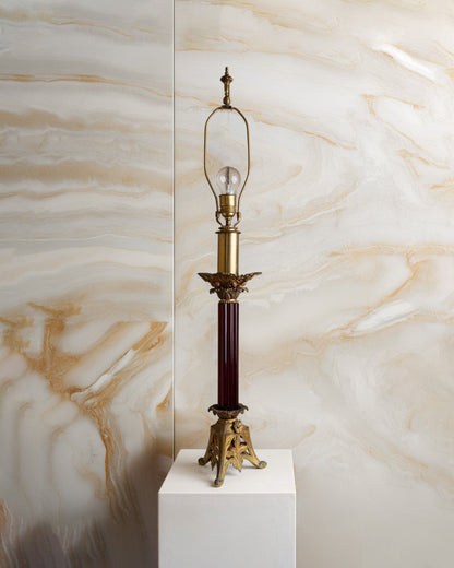 Vintage Tischlampe Messing dunkelrot Glas Empire Design USA 1910