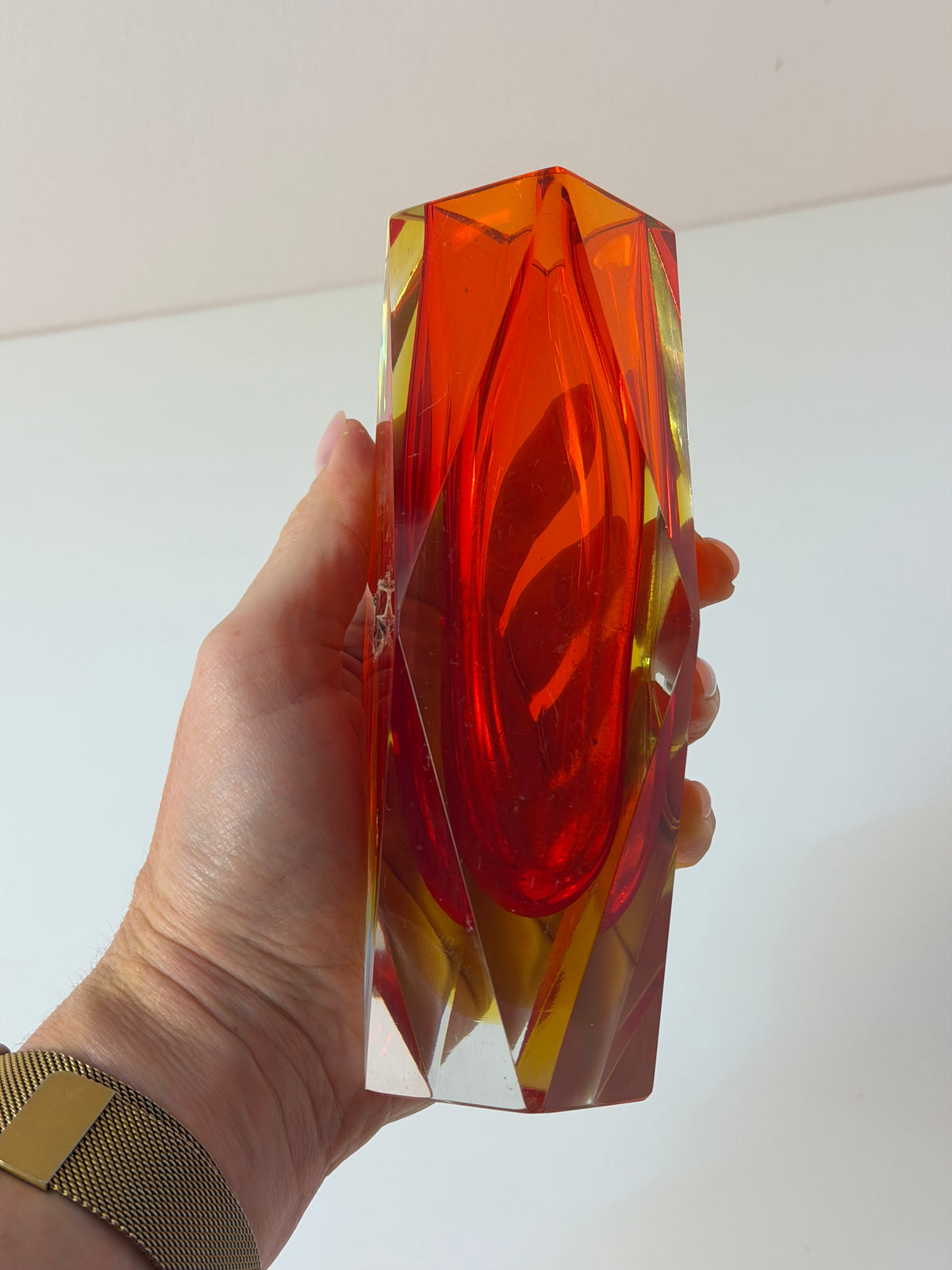 Vintage Blockvase von Vetreria Artistica Oball, Sommerso Murano-Glas rot-gelb