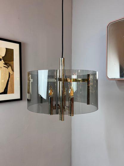 Vintage Hängelampe Chrom und Rauchacryl