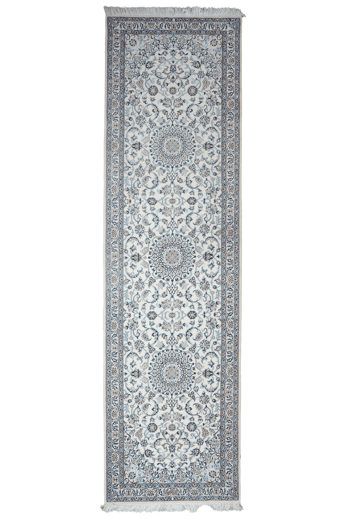 Vintage Teppich Nain 6La Blau Beige Medaillon 288x81cm